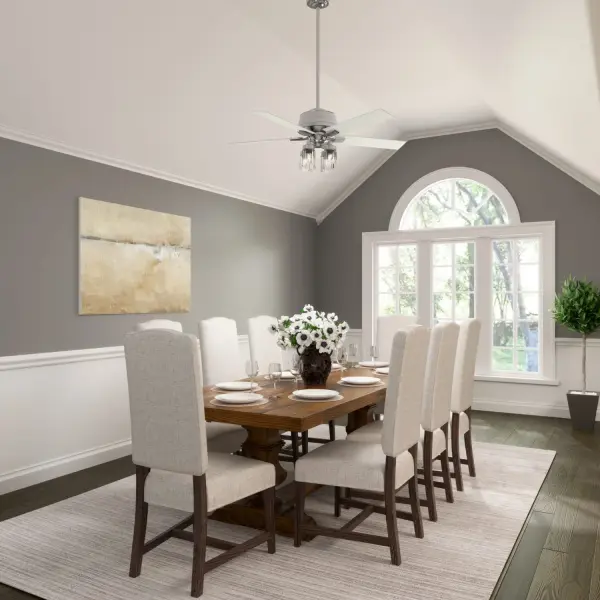 The Crystalline chandelier inspired ceiling fan features a glamorous light fixture with textured glass that is sure to make a statement in your large, indoor spaces like bedrooms, entry ways, and living rooms. Featuring Hunter's exclusive SureSpeed® Guarantee, this high-velocity fan delivers airflow optimized for ultimate high-speed cooling. Built with our SureSpeed® Guarantee to deliver faster airflow you can feel WhisperWind® whisper-quiet motor. Rated for indoor use only 4 bulbs included AIRFLOW YOU FEEL: Built with our SureSpeed® Guarantee to deliver over 33% higher air velocity than leading competitors* while maintaining quiet, wobble-free performance. WHISPER-QUIET MOTOR: 3-speed, WhisperWind® reversible motor for optimal performance in summer and winter. INDOOR FANS: Great for bedrooms, offices and great rooms. Make sure you get the right size for the best cooling efficiency. LIGHT OUTPUT: Provides ambient, warm light. LARGE ROOM FAN: Ideal size for spaces like living rooms and bedrooms. STANDARD PROFILE MOUNTING: 3 inch and 2 inch downrods included. 140 YEARS OF QUALITY: Cutting-edge technology, American engineered, and ETL/UL tested for the highest safety standards — All backed by a limited lifetime motor warranty for peace of mind. COMPATIBLE ACCESSORIES: Works with Hunter and Casablanca accessories, not including Hunter Original® accessories. WARRANTY: Limited Lifetime Motor Warranty backed by the only company with over 140 years in the fan business. *Based on testing conducted January 2023 comparing the average high-speed airflow velocity of Hunter SureSpeed ceiling fans and the best-selling online models for leading competitors. - alternate view