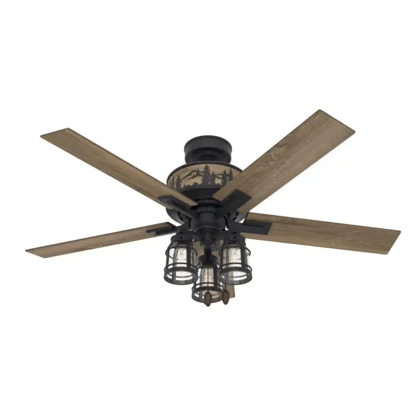 The Mt. Vista ceiling fan combines rustic charm with powerful performance, making it a standout addition to any space. From the intricate woodlands design on the fan body to the pine cone pull chains, every detail showcases its traditional style. Equipped with a reversible, 3-speed WhisperWind® motor, it delivers ultra-powerful air movement with whisper-quiet performance, ensuring the cooling power you want without the noise you don't. Featuring Hunter's SureSpeed® Guarantee, the Mt. Vista offers optimized airflow for high-speed cooling, bringing comfort and character to your home. Built with our SureSpeed® Guarantee to deliver faster airflow you can feel WhisperWind® whisper-quiet motor. Rated for indoor use only 3 bulbs included AIRFLOW YOU FEEL: Built with our SureSpeed® Guarantee to deliver over 33% higher air velocity than leading competitors* while maintaining quiet, wobble-free performance. WHISPER-QUIET MOTOR: 3-speed, WhisperWind™ reversible motor for optimal performance in summer and winter. LARGE ROOM FAN: Ideal size for spaces like living rooms and bedrooms. STANDARD PROFILE MOUNTING: 3 inch downrod included. INDOOR FANS: Great for bedrooms, offices and great rooms. Make sure you get the right size for the best cooling efficiency. 140 YEARS OF QUALITY: Cutting-edge technology, American engineered, and ETL/UL tested for the highest safety standards — All backed by a limited lifetime motor warranty for peace of mind. COMPATIBLE ACCESSORIES: Works with Hunter and Casablanca accessories, not including Hunter Original® accessories WARRANTY: Limited Lifetime Motor Warranty backed by the only company with over 140 years in the fan business *Based on testing conducted January 2023 comparing the average high-speed airflow velocity of Hunter SureSpeed ceiling fans and the best-selling online models for leading competitors.