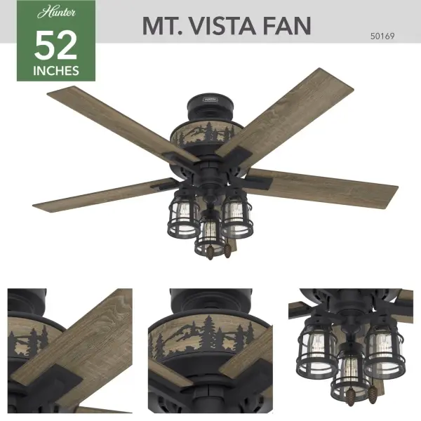 The Mt. Vista ceiling fan combines rustic charm with powerful performance, making it a standout addition to any space. From the intricate woodlands design on the fan body to the pine cone pull chains, every detail showcases its traditional style. Equipped with a reversible, 3-speed WhisperWind® motor, it delivers ultra-powerful air movement with whisper-quiet performance, ensuring the cooling power you want without the noise you don't. Featuring Hunter's SureSpeed® Guarantee, the Mt. Vista offers optimized airflow for high-speed cooling, bringing comfort and character to your home. Built with our SureSpeed® Guarantee to deliver faster airflow you can feel WhisperWind® whisper-quiet motor. Rated for indoor use only 3 bulbs included AIRFLOW YOU FEEL: Built with our SureSpeed® Guarantee to deliver over 33% higher air velocity than leading competitors* while maintaining quiet, wobble-free performance. WHISPER-QUIET MOTOR: 3-speed, WhisperWind™ reversible motor for optimal performance in summer and winter. LARGE ROOM FAN: Ideal size for spaces like living rooms and bedrooms. STANDARD PROFILE MOUNTING: 3 inch downrod included. INDOOR FANS: Great for bedrooms, offices and great rooms. Make sure you get the right size for the best cooling efficiency. 140 YEARS OF QUALITY: Cutting-edge technology, American engineered, and ETL/UL tested for the highest safety standards — All backed by a limited lifetime motor warranty for peace of mind. COMPATIBLE ACCESSORIES: Works with Hunter and Casablanca accessories, not including Hunter Original® accessories WARRANTY: Limited Lifetime Motor Warranty backed by the only company with over 140 years in the fan business *Based on testing conducted January 2023 comparing the average high-speed airflow velocity of Hunter SureSpeed ceiling fans and the best-selling online models for leading competitors. - alternate view
