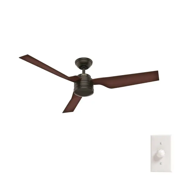 The Cabo Frio modern ceiling fan is damp-rated, making it perfect for covered outdoor spaces as well as indoor spaces. This outdoor ceiling fan comes with a wall control for easy adjustments to the fan's three speeds and on/off functionality. It features WhisperWind® motor technology to deliver ultra-powerful air movement with whisper-quiet performance. Available in three finishes, the Cabo Frio large ceiling fan without light adds a finishing touch to modern industrial rooms including bedrooms, patios, garages, and living rooms. WhisperWind® whisper-quiet motor. Damp-rated for covered outdoor spaces No light kit or bulbs included Wall control included WHISPER-QUIET MOTOR: 3-speed, WhisperWind® reversible motor for optimal performance in summer and winter. DAMP-RATED: A great option for covered patios, screened porches, and other areas that are not directly exposed to rain, snow, water, or moisture. EASY CONTROL FUNCTION: Use the control to adjust the fan speed. LARGE ROOM FAN: Ideal size for spaces like living rooms and bedrooms. STANDARD PROFILE MOUNTING: 3 inch downrod included. 140 YEARS OF QUALITY: Cutting-edge technology, American engineered, and ETL/UL tested for the highest safety standards — All backed by a limited lifetime motor warranty for peace of mind. COMPATIBLE ACCESSORIES: Works with Hunter and Casablanca accessories, not including Hunter Original® accessories WARRANTY: Limited Lifetime Motor Warranty backed by the only company with over 140 years in the fan business