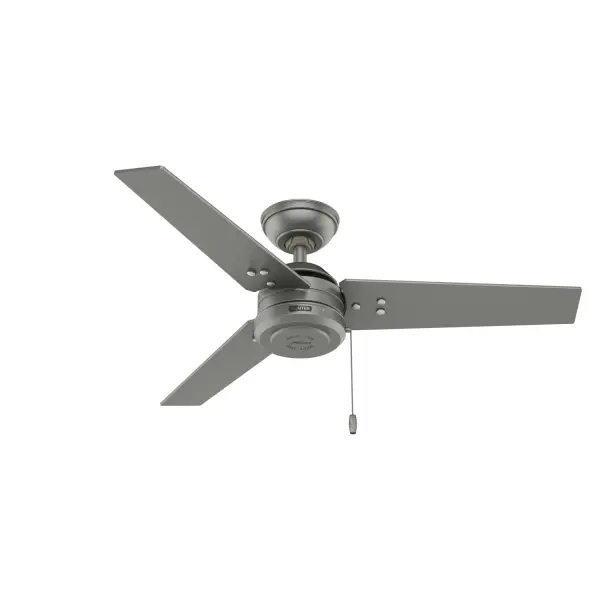 The Cassius outdoor ceiling fan is damp-rated and able to withstand moisture and humidity, perfect for covered patios and porches. This ceiling fan's clean lines and exposed hardware complement modern industrial and farmhouse-style indoor spaces as well. The 44-inch blade span on this small ceiling fan is the ideal fit for guest bedrooms, home offices, and small living rooms. Installation made easy with Hunter's 3D InterActive Guide. WhisperWind® whisper-quiet motor. Damp-rated for covered outdoor spaces No light kit or bulbs included DIGITAL MANUAL: Installation made easy with Hunter's 3D InterActive Guide—just scan the QR code for quick setup. WHISPER-QUIET MOTOR: 3-speed, WhisperWind® reversible motor for optimal performance in summer and winter. DAMP-RATED: A great option for covered patios, screened porches, and other areas that are not directly exposed to rain, snow, water, or moisture. DROOP-FREE BLADES: Made from durable materials to ensure no blade drooping SMALL ROOM FAN: Ideal size for home offices, laundry rooms, and bedrooms. STANDARD PROFILE MOUNTING: 3 inch downrod included. 140 YEARS OF QUALITY: Cutting-edge technology, American engineered, and ETL/UL tested for the highest safety standards — All backed by a limited lifetime motor warranty for peace of mind. COMPATIBLE ACCESSORIES: Works with Hunter and Casablanca accessories, not including Hunter Original® accessories. WARRANTY: Limited Lifetime Motor Warranty backed by the only company with over 140 years in the fan business. - alternate view