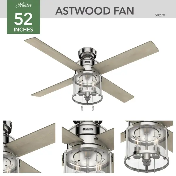 The rounded caged design of the Astwood chandelier inspired ceiling fan with light gives it a transitional look that can be applied with a variety of home styles, from modern farmhouse to rustic. Along with delivering beautiful design, this stylish fan also delivers optimized airflow with our exclusive SureSpeed® Guarantee for high speed cooling. The included pull chains put control of the fan speed and light within reach. Shop our Astwood lighting collection to create a cohesive look in your spaces. Built with our SureSpeed® Guarantee to deliver faster airflow you can feel WhisperWind® whisper-quiet motor. Rated for indoor use only 3 bulbs included AIRFLOW YOU FEEL: Built with our SureSpeed® Guarantee to deliver over 33% higher air velocity than leading competitors* while maintaining quiet, wobble-free performance. WHISPER-QUIET MOTOR: 3-speed, WhisperWind® reversible motor for optimal performance in summer and winter. INDOOR FANS: Great for bedrooms, offices and great rooms. Make sure you get the right size for the best cooling efficiency. LIGHT OUTPUT: Provides ambient, warm light. LARGE ROOM FAN: Ideal size for spaces like living rooms and bedrooms. STANDARD PROFILE MOUNTING: 3 inch and 2 inch downrods included. COORDINATING COLLECTION: Works with Astwood lighting collection. 140 YEARS OF QUALITY: Cutting-edge technology, American engineered, and ETL/UL tested for the highest safety standards — All backed by a limited lifetime motor warranty for peace of mind. COMPATIBLE ACCESSORIES: Works with Hunter and Casablanca accessories, not including Hunter Original® accessories. WARRANTY: Limited Lifetime Motor Warranty backed by the only company with over 140 years in the fan business. *Based on testing conducted January 2023 comparing the average high-speed airflow velocity of Hunter SureSpeed ceiling fans and the best-selling online models for leading competitors. - alternate view