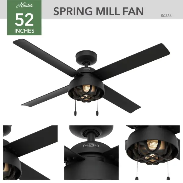 The unique exposed caged design with Edison LED light bulbs on the Spring Mill outdoor ceiling fan adds the finishing touch to your modern industrial-style rooms. This damp-rated ceiling fan is perfect for outdoor and indoor spaces exposed to moisture and humidity including covered patios and garages. The included ceiling fan pull chains make it easy to operate the fan and light functions. Built with our SureSpeed® Guarantee to deliver faster airflow you can feel WhisperWind® whisper-quiet motor. Damp-rated for covered outdoor spaces 2 bulbs included AIRFLOW YOU FEEL: Built with our SureSpeed® Guarantee to deliver over 33% higher air velocity than leading competitors* while maintaining quiet, wobble-free performance. WHISPER-QUIET MOTOR: 3-speed, WhisperWind® reversible motor for optimal performance in summer and winter. DAMP-RATED: A great option for covered patios, screened porches, and other areas that are not directly exposed to rain, snow, water, or moisture. LIGHT OUTPUT: Provides ambient, warm light. LARGE ROOM FAN: Ideal size for spaces like living rooms and bedrooms. STANDARD PROFILE MOUNTING: 2 inch downrod included. 140 YEARS OF QUALITY: Cutting-edge technology, American engineered, and ETL/UL tested for the highest safety standards — All backed by a limited lifetime motor warranty for peace of mind. COMPATIBLE ACCESSORIES: Works with Hunter and Casablanca accessories, not including Hunter Original® accessories. WARRANTY: Limited Lifetime Motor Warranty backed by the only company with over 135 years in the fan business. *Based on testing conducted January 2023 comparing the average high-speed airflow velocity of Hunter SureSpeed ceiling fans and the best-selling online models for leading competitors. - alternate view