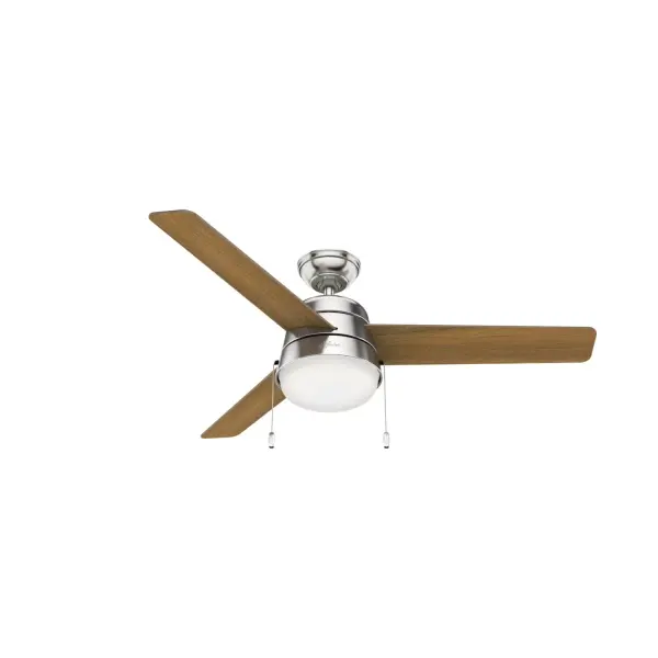 Soft lines and a Scandinavian modern-inspired form give the Aker modern ceiling fan a transitional look that makes it versatile. The tonal blade side fits modern-style rooms, while the reversible wood tone blade side softens the look for casual or modern farmhouse-style rooms. Use the included pull chains to control this large ceiling fan with LED light. Shop the various sizes and finishes of the Aker Collection to create a cohesive look throughout your home. WhisperWind® whisper-quiet motor. Rated for indoor use only 2 bulbs included Pull chains included WHISPER-QUIET MOTOR: 3-speed, WhisperWind® reversible motor for optimal performance in summer and winter. INDOOR FANS: Great for bedrooms, offices and great rooms. Make sure you get the right size for the best cooling efficiency. LARGE ROOM FAN: Ideal size for spaces like living rooms and bedrooms. STANDARD PROFILE MOUNTING: 3 inch downrod included. 140 YEARS OF QUALITY: Cutting-edge technology, American engineered, and ETL/UL tested for the highest safety standards — All backed by a limited lifetime motor warranty for peace of mind. COMPATIBLE ACCESSORIES: Works with Hunter and Casablanca accessories, not including Hunter Original® accessories. WARRANTY: Limited Lifetime Motor Warranty backed by the only company with over 140 years in the fan business.