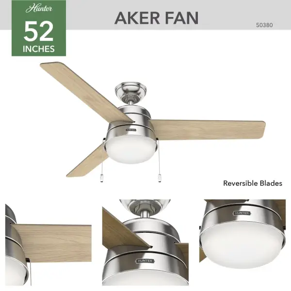 Soft lines and a Scandinavian modern-inspired form give the Aker modern ceiling fan a transitional look that makes it versatile. The tonal blade side fits modern-style rooms, while the reversible wood tone blade side softens the look for casual or modern farmhouse-style rooms. Use the included pull chains to control this large ceiling fan with LED light. Shop the various sizes and finishes of the Aker Collection to create a cohesive look throughout your home. WhisperWind® whisper-quiet motor. Rated for indoor use only 2 bulbs included Pull chains included WHISPER-QUIET MOTOR: 3-speed, WhisperWind® reversible motor for optimal performance in summer and winter. INDOOR FANS: Great for bedrooms, offices and great rooms. Make sure you get the right size for the best cooling efficiency. LARGE ROOM FAN: Ideal size for spaces like living rooms and bedrooms. STANDARD PROFILE MOUNTING: 3 inch downrod included. 140 YEARS OF QUALITY: Cutting-edge technology, American engineered, and ETL/UL tested for the highest safety standards — All backed by a limited lifetime motor warranty for peace of mind. COMPATIBLE ACCESSORIES: Works with Hunter and Casablanca accessories, not including Hunter Original® accessories. WARRANTY: Limited Lifetime Motor Warranty backed by the only company with over 140 years in the fan business. - alternate view