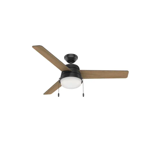 The Aker outdoor ceiling fan keeps your covered porches and patios cool and stylish. Inspired by Scandinavian modern design, its soft lines give it a transitional look that can be used in various style rooms, from Mid-Century modern to farmhouse style. The included pull chains make it easy to control your fan and fan light functions. The Aker is available in a variety of finishes, sizes, and indoor and outdoor ratings, letting you create a cohesive style throughout your home. WhisperWind® whisper-quiet motor. Damp-rated for covered outdoor spaces 2 bulbs included Pull chains included WHISPER-QUIET MOTOR: 3-speed, WhisperWind® reversible motor for optimal performance in summer and winter. DROOP-FREE BLADES: Made from durable materials to ensure no blade drooping Damp-rated ceiling fans are a great option for covered patios, screened porches, and other areas that are not directly exposed to rain, snow, water, or moisture LARGE ROOM FAN: Ideal size for spaces like living rooms and bedrooms. STANDARD PROFILE MOUNTING: 3 inch downrod included. 140 YEARS OF QUALITY: Cutting-edge technology, American engineered, and ETL/UL tested for the highest safety standards — All backed by a limited lifetime motor warranty for peace of mind. COMPATIBLE ACCESSORIES: Works with Hunter and Casablanca accessories, not including Hunter Original® accessories WARRANTY: Limited Lifetime Motor Warranty backed by the only company with over 140 years in the fan business - alternate view
