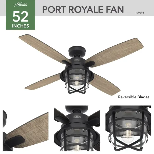 Rustic finishes and vintage details bring the Port Royale outdoor ceiling fan to life. The roasted maple blade finishes complement the lantern-inspired light fixture and energy-efficient LED Edison bulb. This farmhouse-inspired ceiling fan includes a handheld remote for easy changes to fan speed and light dimming. The damp-rated Port Royale ceiling fan is perfect for covered porches and patios as well as indoor living rooms and bedrooms. WhisperWind® whisper-quiet motor. Damp-rated for covered outdoor spaces 1 bulbs included Handheld remote included WHISPER-QUIET MOTOR: 3-speed, WhisperWind® reversible motor for optimal performance in summer and winter. DAMP-RATED: A great option for covered patios, screened porches, and other areas that are not directly exposed to rain, snow, water, or moisture. DROOP-FREE BLADES: Made from durable materials to ensure no blade drooping EASY CONTROL FUNCTION: Use the control to adjust the fan speed and dim the light. LARGE ROOM FAN: Ideal size for spaces like living rooms and bedrooms. STANDARD PROFILE MOUNTING: 2 inch downrod included. 140 YEARS OF QUALITY: Cutting-edge technology, American engineered, and ETL/UL tested for the highest safety standards — All backed by a limited lifetime motor warranty for peace of mind. COMPATIBLE ACCESSORIES: Works with Hunter and Casablanca accessories, not including Hunter Original® accessories WARRANTY: Limited Lifetime Motor Warranty backed by the only company with over 140 years in the fan business - alternate view