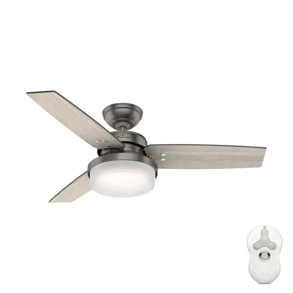 With clean lines and classic finishes, the Sentinel ceiling fan with light has a casual, transitional design that pairs well with a myriad of home styles, from soft modern to farmhouse. Use the included handheld remote to adjust this modern ceiling fan's 3-speed WhisperWind® motor and dimmable LED light bulbs. The 44-inch blades make this small ceiling fan the perfect fit in home offices, bedrooms, and laundry rooms. Shop the Sentinel Collection's various finishes and sizes to easily create a cohesive look throughout your home. WhisperWind® whisper-quiet motor. Rated for indoor use only 2 bulbs included Handheld remote included WHISPER-QUIET MOTOR: 3-speed, WhisperWind® reversible motor for optimal performance in summer and winter. INDOOR FANS: Great for bedrooms, offices and great rooms. Make sure you get the right size for the best cooling efficiency. EASY CONTROL FUNCTION: Use the control to adjust the fan speed and dim the light. SMALL ROOM FAN: Ideal size for home offices, laundry rooms, and bedrooms. STANDARD PROFILE MOUNTING: 3 inch downrod included. 140 YEARS OF QUALITY: Cutting-edge technology, American engineered, and ETL/UL tested for the highest safety standards — All backed by a limited lifetime motor warranty for peace of mind. COMPATIBLE ACCESSORIES: Works with Hunter and Casablanca accessories, not including Hunter Original® accessories. WARRANTY: Limited Lifetime Motor Warranty backed by the only company with over 140 years in the fan business.