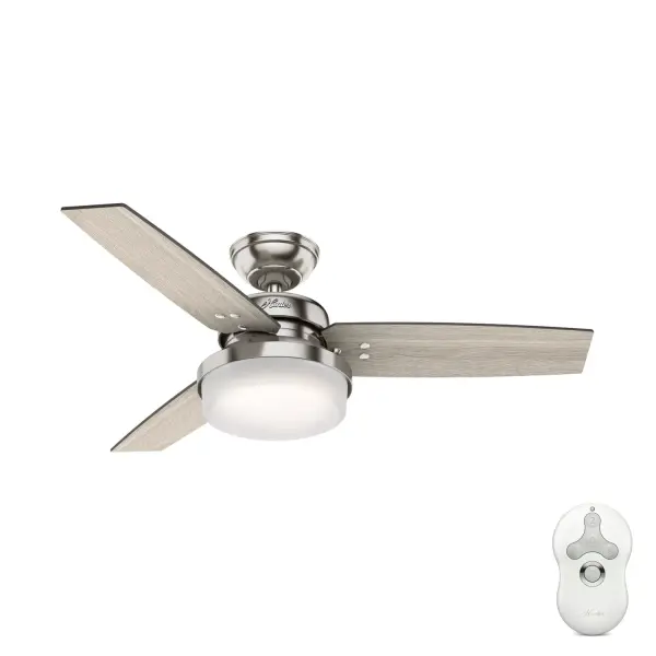 With clean lines and classic finishes, the Sentinel ceiling fan with light has a casual, transitional design that pairs well with a myriad of home styles, from soft modern to farmhouse. Use the included handheld remote to adjust this modern ceiling fan's 3-speed WhisperWind® motor and dimmable LED light bulbs. The 44-inch blades make this small ceiling fan the perfect fit in home offices, bedrooms, and laundry rooms. Shop the Sentinel Collection's various finishes and sizes to easily create a cohesive look throughout your home. WhisperWind® whisper-quiet motor. Rated for indoor use only 2 bulbs included Handheld remote included WHISPER-QUIET MOTOR: 3-speed, WhisperWind® reversible motor for optimal performance in summer and winter. INDOOR FANS: Great for bedrooms, offices and great rooms. Make sure you get the right size for the best cooling efficiency. EASY CONTROL FUNCTION: Use the control to adjust the fan speed and dim the light. SMALL ROOM FAN: Ideal size for home offices, laundry rooms, and bedrooms. STANDARD PROFILE MOUNTING: 3 inch downrod included. 140 YEARS OF QUALITY: Cutting-edge technology, American engineered, and ETL/UL tested for the highest safety standards — All backed by a limited lifetime motor warranty for peace of mind. COMPATIBLE ACCESSORIES: Works with Hunter and Casablanca accessories, not including Hunter Original® accessories. WARRANTY: Limited Lifetime Motor Warranty backed by the only company with over 140 years in the fan business. - alternate view