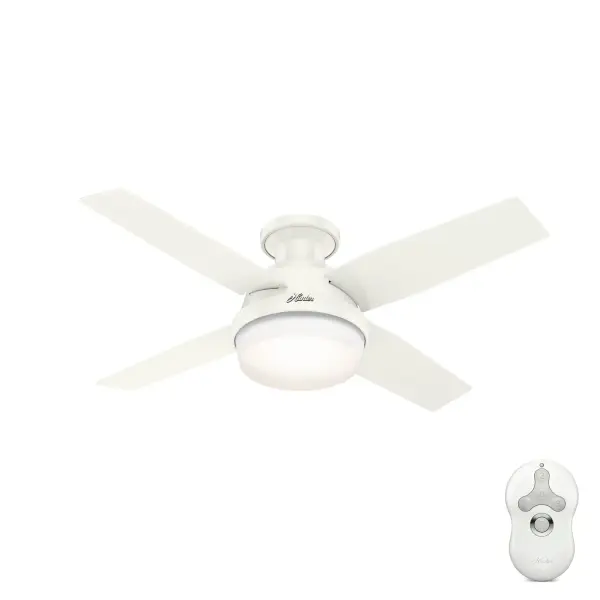 A modern fan with mass appeal, the Dempsey outdoor ceiling fan features beautiful, clean finishes that complement the angles throughout the fan design. This damp-rated fan can withstand moisture and humidity in covered outdoor spaces as well as indoor spaces. Use the included handheld remote to control the fully-dimmable, energy-efficient LED bulbs as well as fan speeds. This low-profile ceiling fan's 44-inch blade span provides style as well as optimized airflow in small rooms with low ceilings. We have a full collection of Dempsey fans so you can keep a consistent look while tailoring the size and features to each room in your house. WhisperWind® whisper-quiet motor. Damp-rated for covered outdoor spaces 2 bulbs included Handheld remote included WHISPER-QUIET MOTOR: 3-speed, WhisperWind® reversible motor for optimal performance in summer and winter. DAMP-RATED: A great option for covered patios, screened porches, and other areas that are not directly exposed to rain, snow, water, or moisture. DROOP-FREE BLADES: Made from durable materials to ensure no blade drooping. EASY CONTROL FUNCTION: Use the control to adjust the fan speed and dim the light. SMALL ROOM FAN: Ideal size for home offices, laundry rooms, and bedrooms. LOW PROFILE MOUNTING: Designed to fit flush against ceilings less than 9 feet high. 140 YEARS OF QUALITY: Cutting-edge technology, American engineered, and ETL/UL tested for the highest safety standards — All backed by a limited lifetime motor warranty for peace of mind. COMPATIBLE ACCESSORIES: Works with Hunter and Casablanca accessories, not including Hunter Original® accessories. WARRANTY: Limited Lifetime Motor Warranty backed by the only company with over 140 years in the fan business.