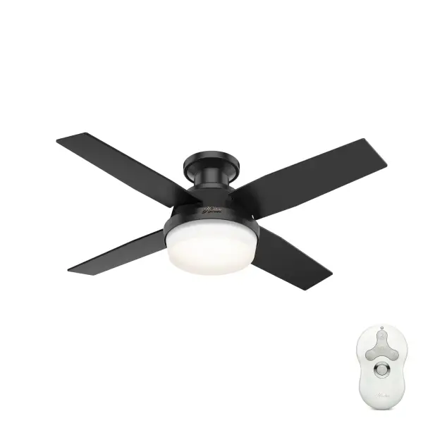 A modern fan with mass appeal, the Dempsey outdoor ceiling fan features beautiful, clean finishes that complement the angles throughout the fan design. This damp-rated fan can withstand moisture and humidity in covered outdoor spaces as well as indoor spaces. Use the included handheld remote to control the fully-dimmable, energy-efficient LED bulbs as well as fan speeds. This low-profile ceiling fan's 44-inch blade span provides style as well as optimized airflow in small rooms with low ceilings. We have a full collection of Dempsey fans so you can keep a consistent look while tailoring the size and features to each room in your house. WhisperWind® whisper-quiet motor. Damp-rated for covered outdoor spaces 2 bulbs included Handheld remote included WHISPER-QUIET MOTOR: 3-speed, WhisperWind® reversible motor for optimal performance in summer and winter. DAMP-RATED: A great option for covered patios, screened porches, and other areas that are not directly exposed to rain, snow, water, or moisture. DROOP-FREE BLADES: Made from durable materials to ensure no blade drooping. EASY CONTROL FUNCTION: Use the control to adjust the fan speed and dim the light. SMALL ROOM FAN: Ideal size for home offices, laundry rooms, and bedrooms. LOW PROFILE MOUNTING: Designed to fit flush against ceilings less than 9 feet high. 140 YEARS OF QUALITY: Cutting-edge technology, American engineered, and ETL/UL tested for the highest safety standards — All backed by a limited lifetime motor warranty for peace of mind. COMPATIBLE ACCESSORIES: Works with Hunter and Casablanca accessories, not including Hunter Original® accessories. WARRANTY: Limited Lifetime Motor Warranty backed by the only company with over 140 years in the fan business. - alternate view