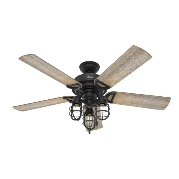 The Starklake ceiling fan dominates rustic indoor and outdoor spaces with its industrial farmhouse style. This five-bladed fan includes our 3-speed WhisperWind® motor, energy-efficient Edison LED bulbs, and reversible fan blades. It is damp-rated to withstand outdoor elements while also creating the perfect look for your porch or patio. Shop the Starklake and make a statement in your farmhouse space. WhisperWind® whisper-quiet motor. Damp-rated for covered outdoor spaces 3 bulbs included Pull chains included WHISPER-QUIET MOTOR: 3-speed, WhisperWind® reversible motor for optimal performance in summer and winter. DROOP-FREE BLADES: Made from durable materials to ensure no blade drooping LARGE ROOM FAN: Ideal size for spaces like living rooms and bedrooms. LIGHT OUTPUT: Provides ambient, warm light. STANDARD PROFILE MOUNTING: 3 inch downrod included. COORDINATING COLLECTION: Works with Starklake lighting collection 140 YEARS OF QUALITY: Cutting-edge technology, American engineered, and ETL/UL tested for the highest safety standards — All backed by a limited lifetime motor warranty for peace of mind. COMPATIBLE ACCESSORIES: Works with Hunter and Casablanca accessories, not including Hunter Original® accessories WARRANTY: Limited Lifetime Motor Warranty backed by the only company with over 140 years in the fan business