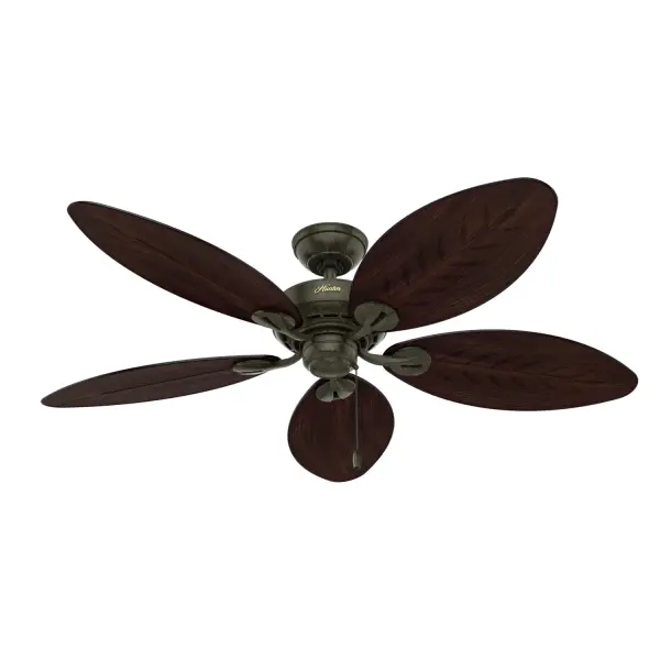 The Bayview outdoor ceiling fan is damp-rated for use in covered outdoor spaces as well as indoor spaces exposed to moisture and humidity, making it great for covered patios and bathrooms. The palm leaf-shaped blades add a unique look in casual tropical and Mid-Century Modern spaces. WhisperWind® whisper-quiet motor. Damp-rated for covered outdoor spaces No light kit or bulbs included Pull chains included WHISPER-QUIET MOTOR: 3-speed, WhisperWind® reversible motor for optimal performance in summer and winter. DROOP-FREE BLADES: Made from durable materials to ensure no blade drooping LARGE ROOM FAN: Ideal size for spaces like living rooms and bedrooms. STANDARD PROFILE MOUNTING: 2 inch downrod included. 140 YEARS OF QUALITY: Cutting-edge technology, American engineered, and ETL/UL tested for the highest safety standards — All backed by a limited lifetime motor warranty for peace of mind. COMPATIBLE ACCESSORIES: Works with Hunter and Casablanca accessories, not including Hunter Original® accessories WARRANTY: Limited Lifetime Motor Warranty backed by the only company with over 140 years in the fan business
