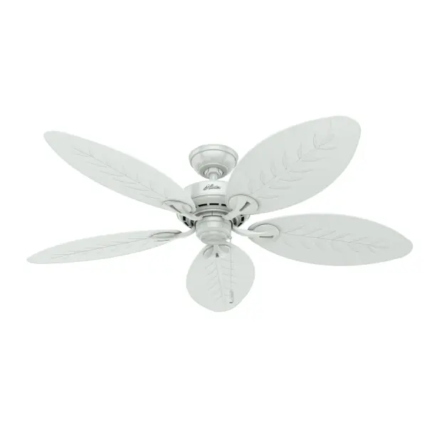 The Bayview outdoor ceiling fan is damp-rated for use in covered outdoor spaces as well as indoor spaces exposed to moisture and humidity, making it great for covered patios and bathrooms. The palm leaf-shaped blades add a unique look in casual tropical and Mid-Century Modern spaces. WhisperWind® whisper-quiet motor. Damp-rated for covered outdoor spaces No light kit or bulbs included Pull chains included WHISPER-QUIET MOTOR: 3-speed, WhisperWind® reversible motor for optimal performance in summer and winter. DROOP-FREE BLADES: Made from durable materials to ensure no blade drooping LARGE ROOM FAN: Ideal size for spaces like living rooms and bedrooms. STANDARD PROFILE MOUNTING: 2 inch downrod included. 140 YEARS OF QUALITY: Cutting-edge technology, American engineered, and ETL/UL tested for the highest safety standards — All backed by a limited lifetime motor warranty for peace of mind. COMPATIBLE ACCESSORIES: Works with Hunter and Casablanca accessories, not including Hunter Original® accessories WARRANTY: Limited Lifetime Motor Warranty backed by the only company with over 140 years in the fan business - alternate view