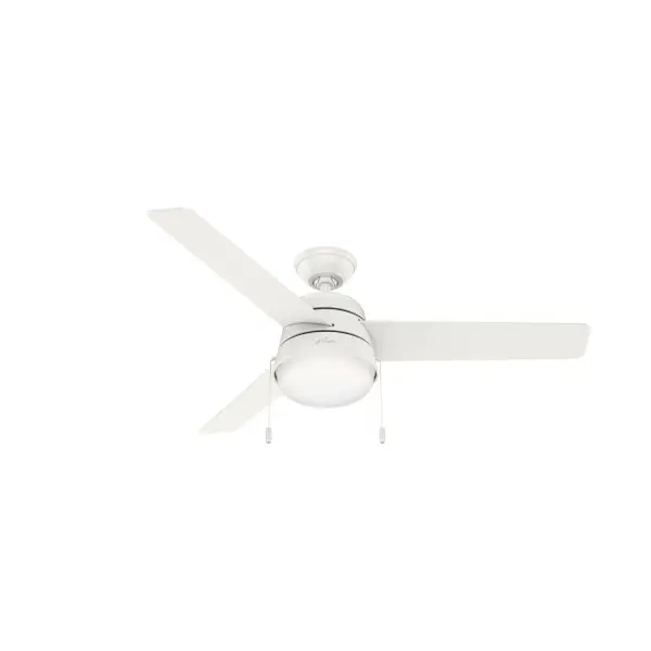 Soft lines and a Scandinavian modern-inspired form give the Aker modern ceiling fan a transitional look that makes it versatile. The tonal blade side fits modern-style rooms, while the reversible wood tone blade side softens the look for casual or modern farmhouse-style rooms. Use the included pull chains to control this large ceiling fan with LED light. Shop the various sizes and finishes of the Aker Collection to create a cohesive look throughout your home. WhisperWind® whisper-quiet motor. Rated for indoor use only 2 bulbs included Pull chains included WHISPER-QUIET MOTOR: 3-speed, WhisperWind® reversible motor for optimal performance in summer and winter. INDOOR FANS: Great for bedrooms, offices and great rooms. Make sure you get the right size for the best cooling efficiency. LARGE ROOM FAN: Ideal size for spaces like living rooms and bedrooms. STANDARD PROFILE MOUNTING: 3 inch downrod included. 140 YEARS OF QUALITY: Cutting-edge technology, American engineered, and ETL/UL tested for the highest safety standards — All backed by a limited lifetime motor warranty for peace of mind. COMPATIBLE ACCESSORIES: Works with Hunter and Casablanca accessories, not including Hunter Original® accessories. WARRANTY: Limited Lifetime Motor Warranty backed by the only company with over 140 years in the fan business.