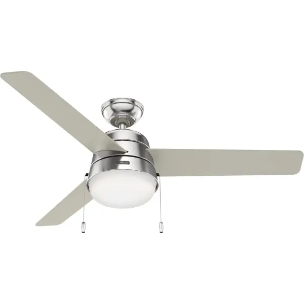 Soft lines and a Scandinavian modern-inspired form give the Aker modern ceiling fan a transitional look that makes it versatile. The tonal blade side fits modern-style rooms, while the reversible wood tone blade side softens the look for casual or modern farmhouse-style rooms. Use the included pull chains to control this large ceiling fan with LED light. Shop the various sizes and finishes of the Aker Collection to create a cohesive look throughout your home. WhisperWind® whisper-quiet motor. Rated for indoor use only 2 bulbs included Pull chains included WHISPER-QUIET MOTOR: 3-speed, WhisperWind® reversible motor for optimal performance in summer and winter. INDOOR FANS: Great for bedrooms, offices and great rooms. Make sure you get the right size for the best cooling efficiency. LARGE ROOM FAN: Ideal size for spaces like living rooms and bedrooms. STANDARD PROFILE MOUNTING: 3 inch downrod included. 140 YEARS OF QUALITY: Cutting-edge technology, American engineered, and ETL/UL tested for the highest safety standards — All backed by a limited lifetime motor warranty for peace of mind. COMPATIBLE ACCESSORIES: Works with Hunter and Casablanca accessories, not including Hunter Original® accessories. WARRANTY: Limited Lifetime Motor Warranty backed by the only company with over 140 years in the fan business. - alternate view