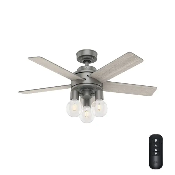 The Hardwick ceiling fan with light is an elevated take on the classic ceiling fan design. Its modern form with clean lines and the updated, traditional light fixture with round Edison LED bulbs provides a unique look in indoor spaces. The Matte Black finish complements dark hardware and accents in modern industrial and farmhouse spaces, while the Matte Nickel and Fresh White finish add a subtle statement in casual rooms. Its 44-inch blade span makes it an ideal fit in small rooms like home offices and guest bedrooms. Built with our SureSpeed® Guarantee to deliver faster airflow you can feel WhisperWind® whisper-quiet motor. Rated for indoor use only 3 bulbs included AIRFLOW YOU FEEL: Built with our SureSpeed® Guarantee to deliver over 33% higher air velocity than leading competitors* while maintaining quiet, wobble-free performance. WHISPER-QUIET MOTOR: 4-speed, WhisperWind® reversible motor for optimal performance in summer and winter. INDOOR FANS: Great for bedrooms, offices and great rooms. Make sure you get the right size for the best cooling efficiency. PRE-INSTALLED RECEIVER: Control receiver built into the fan. One less step for installation. EASY CONTROL FUNCTION: Use the control to adjust the fan speed and dim the light. SMALL ROOM FAN: Ideal size for home offices, laundry rooms, and bedrooms. STANDARD PROFILE MOUNTING: 2 inch downrod included. 140 YEARS OF QUALITY: Cutting-edge technology, American engineered, and ETL/UL tested for the highest safety standards — All backed by a limited lifetime motor warranty for peace of mind. COMPATIBLE ACCESSORIES: Works with Hunter and Casablanca accessories, not including Hunter Original® accessories. WARRANTY: Limited Lifetime Motor Warranty backed by the only company with over 140 years in the fan business. *Based on testing conducted January 2023 comparing the average high-speed airflow velocity of Hunter SureSpeed ceiling fans and the best-selling online models for leading competitors. - alternate view