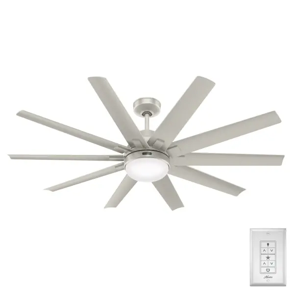 The Overton's ten-blade design and dimmable LED light help set the perfect ambiance in your large living rooms and covered patios. Built with our SureSpeed® Guarantee, this modern ceiling fan adds style and optimal, high-speed cooling. As a Hunter ENERGY STAR® certified ceiling fan, the Overton is 64% more efficient on average than conventional fans* while helping you save you money on cooling costs. It's ready to use as soon as it's installed: The receiver for the included wall control is pre-paired and built into the fan, making ceiling fan installation and wiring simpler. Hunter's ENERGY STAR® certified ceiling fans are 64% more energy efficient* Built with our SureSpeed® Guarantee to deliver faster airflow you can feel Damp-rated ceiling fans are a great option for covered patios, screened porches, and other areas that are not directly exposed to rain, snow, water, or moisture 2 bulbs included ENERGY EFFICIENT: Hunter's ENERGY STAR® certified ceiling fans are 64% more efficient on average than conventional fans* while helping you save you money on cooling costs. AIRFLOW YOU FEEL: Built with our SureSpeed® Guarantee to deliver over 33% higher air velocity than leading competitors* while maintaining quiet, wobble-free performance. DROOP-FREE BLADES: Made from durable materials to ensure no blade drooping EASY CONTROL FUNCTION: Use the control to adjust the fan speed and dim the light. WHISPER-QUIET MOTOR: 6-speed, DC reversible motor for optimal performance in summer and winter. GREAT ROOM FAN: Ideal size for great rooms, open concept spaces, and lofts. STANDARD PROFILE MOUNTING: 3 inch downrod included. 140 YEARS OF QUALITY: Cutting-edge technology, American engineered, and ETL/UL tested for the highest safety standards — All backed by a limited lifetime motor warranty for peace of mind. COMPATIBLE ACCESSORIES: Works with Hunter and Casablanca accessories, not including Hunter Original® accessories WARRANTY: Limited Lifetime Motor Warranty backed by the only company with over 140 years in the fan business *Based on testing conducted January 2023 comparing the average high-speed airflow velocity of Hunter SureSpeed ceiling fans and the best-selling online models for leading competitors. *Comparing minimum efficiency standards for ENERGY STAR certified fans to non-Energy-certified fans. - alternate view
