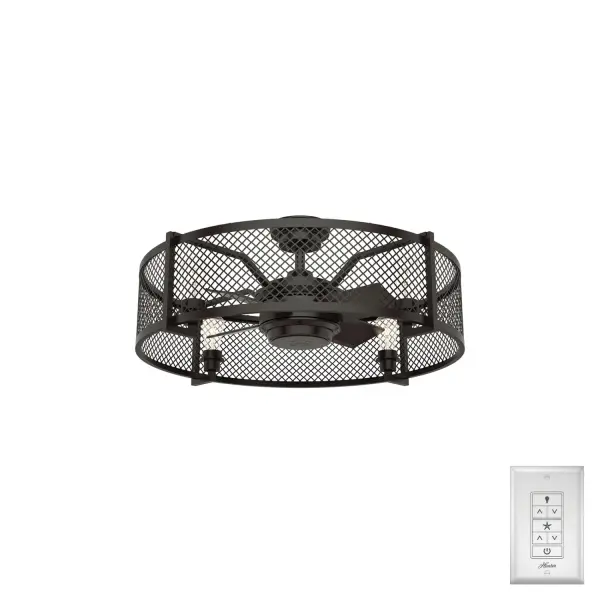 The unique caged design of the Fennec makes for a stylish light fixture that complements industrial, casual, and farmhouse-style spaces. This small ceiling fan touts a 23-inch blade span and an overall diameter of 34 inches to provide optimal airflow and design aesthetic. WhisperWind® whisper-quiet motor. Rated for indoor use only 4 bulbs included Wall control included WHISPER-QUIET MOTOR: 3-speed, WhisperWind® reversible motor for optimal performance in summer and winter. INDOOR FANS: Great for bedrooms, offices and great rooms. Make sure you get the right size for the best cooling efficiency. EASY CONTROL FUNCTION: Use the control to adjust the fan speed and dim the light. SMALL ROOM FAN: Ideal size for home offices, laundry rooms, and bedrooms. STANDARD PROFILE MOUNTING: 4.5 inch downrod included. 140 YEARS OF QUALITY: Cutting-edge technology, American engineered, and ETL/UL tested for the highest safety standards — All backed by a limited lifetime motor warranty for peace of mind. COMPATIBLE ACCESSORIES: Works with Hunter and Casablanca accessories, not including Hunter Original® accessories. WARRANTY: Limited Lifetime Motor Warranty backed by the only company with over 140 years in the fan business.