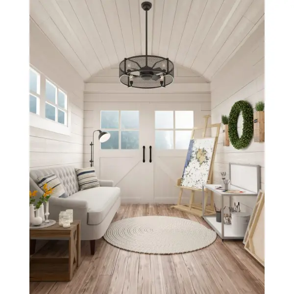 The unique caged design of the Fennec makes for a stylish light fixture that complements industrial, casual, and farmhouse-style spaces. This small ceiling fan touts a 23-inch blade span and an overall diameter of 34 inches to provide optimal airflow and design aesthetic. WhisperWind® whisper-quiet motor. Rated for indoor use only 4 bulbs included Wall control included WHISPER-QUIET MOTOR: 3-speed, WhisperWind® reversible motor for optimal performance in summer and winter. INDOOR FANS: Great for bedrooms, offices and great rooms. Make sure you get the right size for the best cooling efficiency. EASY CONTROL FUNCTION: Use the control to adjust the fan speed and dim the light. SMALL ROOM FAN: Ideal size for home offices, laundry rooms, and bedrooms. STANDARD PROFILE MOUNTING: 4.5 inch downrod included. 140 YEARS OF QUALITY: Cutting-edge technology, American engineered, and ETL/UL tested for the highest safety standards — All backed by a limited lifetime motor warranty for peace of mind. COMPATIBLE ACCESSORIES: Works with Hunter and Casablanca accessories, not including Hunter Original® accessories. WARRANTY: Limited Lifetime Motor Warranty backed by the only company with over 140 years in the fan business. - alternate view