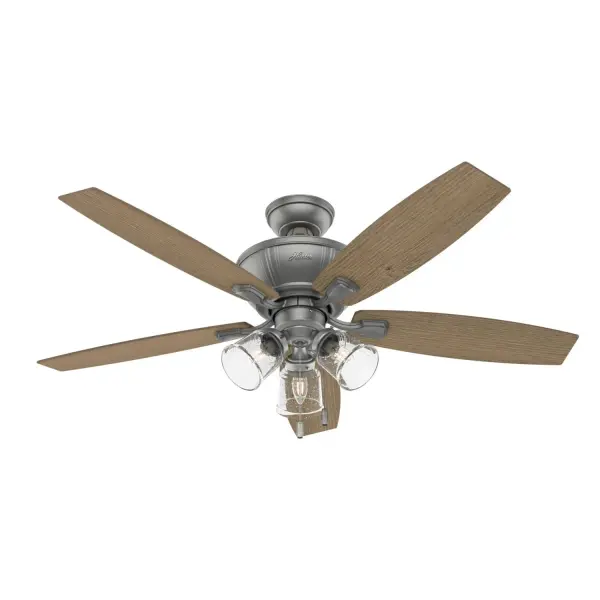 The Darlington ceiling fan with LED light and pull chain is a fresh take on traditional ceiling fan design. The fan body detailing and included Edison LED bulbs make this indoor ceiling fan a stylish fixture in large rooms like bedrooms, living rooms, and bonus rooms. The included ceiling fan pull chains make it easy to control the fan and light. Built with our SureSpeed® Guarantee to deliver faster airflow you can feel WhisperWind® whisper-quiet motor. Rated for indoor use only 3 bulbs included AIRFLOW YOU FEEL: Built with our SureSpeed® Guarantee to deliver over 33% higher air velocity than leading competitors* while maintaining quiet, wobble-free performance. WHISPER-QUIET MOTOR: 3-speed, WhisperWind® reversible motor for optimal performance in summer and winter. INDOOR FANS: Great for bedrooms, offices and great rooms. Make sure you get the right size for the best cooling efficiency. LIGHT OUTPUT: Provides ambient, warm light. LARGE ROOM FAN: Ideal size for spaces like living rooms and bedrooms. STANDARD PROFILE MOUNTING: 3 inch and 2 inch downrods included. 140 YEARS OF QUALITY: Cutting-edge technology, American engineered, and ETL/UL tested for the highest safety standards — All backed by a limited lifetime motor warranty for peace of mind. COMPATIBLE ACCESSORIES: Works with Hunter and Casablanca accessories, not including Hunter Original® accessories. WARRANTY: Limited Lifetime Motor Warranty backed by the only company with over 140 years in the fan business. *Based on testing conducted January 2023 comparing the average high-speed airflow velocity of Hunter SureSpeed ceiling fans and the best-selling online models for leading competitors.