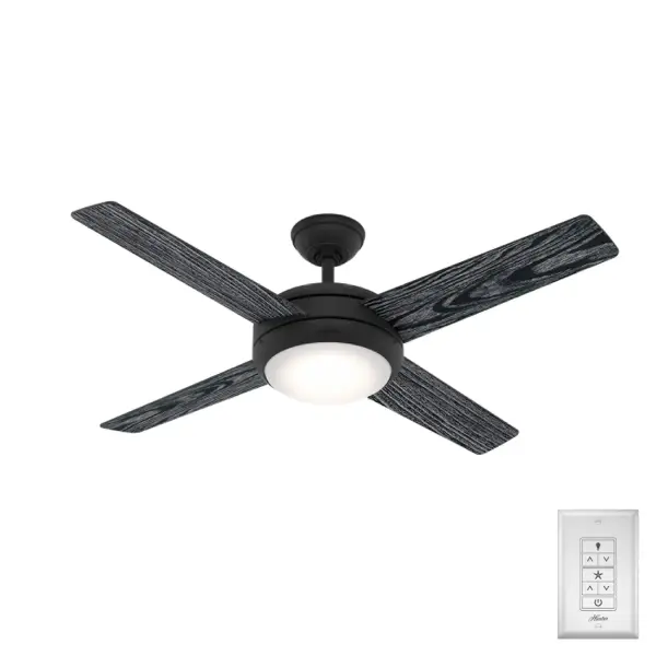 The Marconi ceiling fan with light touts a sleek design with classic finishes for a transitional look that can be used in a variety of home styles. Its 52-inch blade span makes this large ceiling fan the perfect fit in bedrooms, living rooms, bonus rooms, and home offices. The included wall control makes adjusting the fan speed and light dimming easy. Two included LED bulbs help deliver bright, energy-efficient light to your space. Built with our SureSpeed® Guarantee to deliver faster airflow you can feel. WhisperWind® whisper-quiet motor. Rated for indoor use only 2 bulbs included AIRFLOW YOU FEEL: Built with our SureSpeed® Guarantee to deliver over 33% higher air velocity than leading competitors* while maintaining quiet, wobble-free performance. WHISPER-QUIET MOTOR: 3-speed, WhisperWind® reversible motor for optimal performance in summer and winter. INDOOR FANS: Great for bedrooms, offices and great rooms. Make sure you get the right size for the best cooling efficiency. EASY CONTROL FUNCTION: Use the control to adjust the fan speed and dim the light. LARGE ROOM FAN: Ideal size for spaces like living rooms and bedrooms. STANDARD PROFILE MOUNTING: 4 inch downrod included. 140 YEARS OF QUALITY: Cutting-edge technology, American engineered, and ETL/UL tested for the highest safety standards — All backed by a limited lifetime motor warranty for peace of mind. COMPATIBLE ACCESSORIES: Works with Hunter and Casablanca accessories, not including Hunter Original® accessories. WARRANTY: Limited Lifetime Motor Warranty backed by the only company with over 140 years in the fan business. *Based on testing conducted January 2023 comparing the average high-speed airflow velocity of Hunter SureSpeed ceiling fans and the best-selling online models for leading competitors.