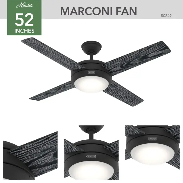 The Marconi ceiling fan with light touts a sleek design with classic finishes for a transitional look that can be used in a variety of home styles. Its 52-inch blade span makes this large ceiling fan the perfect fit in bedrooms, living rooms, bonus rooms, and home offices. The included wall control makes adjusting the fan speed and light dimming easy. Two included LED bulbs help deliver bright, energy-efficient light to your space. Built with our SureSpeed® Guarantee to deliver faster airflow you can feel. WhisperWind® whisper-quiet motor. Rated for indoor use only 2 bulbs included AIRFLOW YOU FEEL: Built with our SureSpeed® Guarantee to deliver over 33% higher air velocity than leading competitors* while maintaining quiet, wobble-free performance. WHISPER-QUIET MOTOR: 3-speed, WhisperWind® reversible motor for optimal performance in summer and winter. INDOOR FANS: Great for bedrooms, offices and great rooms. Make sure you get the right size for the best cooling efficiency. EASY CONTROL FUNCTION: Use the control to adjust the fan speed and dim the light. LARGE ROOM FAN: Ideal size for spaces like living rooms and bedrooms. STANDARD PROFILE MOUNTING: 4 inch downrod included. 140 YEARS OF QUALITY: Cutting-edge technology, American engineered, and ETL/UL tested for the highest safety standards — All backed by a limited lifetime motor warranty for peace of mind. COMPATIBLE ACCESSORIES: Works with Hunter and Casablanca accessories, not including Hunter Original® accessories. WARRANTY: Limited Lifetime Motor Warranty backed by the only company with over 140 years in the fan business. *Based on testing conducted January 2023 comparing the average high-speed airflow velocity of Hunter SureSpeed ceiling fans and the best-selling online models for leading competitors. - alternate view
