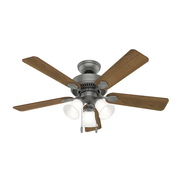 The Swanson's 44-inch blade span and easy to use pull chains makes it the perfect ceiling fan for small rooms. Part of the Professional Series, the Swanson collection is available in a variety of sizes, finishes, and light kit combinations. Installation made easy with Hunter's 3D InterActive Guide. WhisperWind® whisper-quiet motor. Rated for indoor use only 3 bulbs included DIGITAL MANUAL: Installation made easy with Hunter's 3D InterActive Guide—just scan the QR code for quick setup. WHISPER-QUIET MOTOR: 3-speed, WhisperWind® reversible motor for optimal performance in summer and winter. SMALL ROOM FAN: Ideal size for home offices, laundry rooms, and bedrooms. STANDARD PROFILE MOUNTING: 2 inch downrod included. 140 YEARS OF QUALITY: Cutting-edge technology, American engineered, and ETL/UL tested for the highest safety standards — All backed by a limited lifetime motor warranty for peace of mind. COMPATIBLE ACCESSORIES: Works with Hunter and Casablanca accessories, not including Hunter Original® accessories WARRANTY: Limited Lifetime Motor Warranty backed by the only company with over 140 years in the fan business