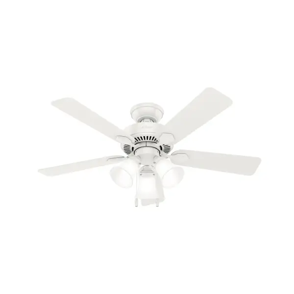 The Swanson's 44-inch blade span and easy to use pull chains makes it the perfect ceiling fan for small rooms. Part of the Professional Series, the Swanson collection is available in a variety of sizes, finishes, and light kit combinations. Installation made easy with Hunter's 3D InterActive Guide. WhisperWind® whisper-quiet motor. Rated for indoor use only 3 bulbs included DIGITAL MANUAL: Installation made easy with Hunter's 3D InterActive Guide—just scan the QR code for quick setup. WHISPER-QUIET MOTOR: 3-speed, WhisperWind® reversible motor for optimal performance in summer and winter. SMALL ROOM FAN: Ideal size for home offices, laundry rooms, and bedrooms. STANDARD PROFILE MOUNTING: 2 inch downrod included. 140 YEARS OF QUALITY: Cutting-edge technology, American engineered, and ETL/UL tested for the highest safety standards — All backed by a limited lifetime motor warranty for peace of mind. COMPATIBLE ACCESSORIES: Works with Hunter and Casablanca accessories, not including Hunter Original® accessories WARRANTY: Limited Lifetime Motor Warranty backed by the only company with over 140 years in the fan business - alternate view