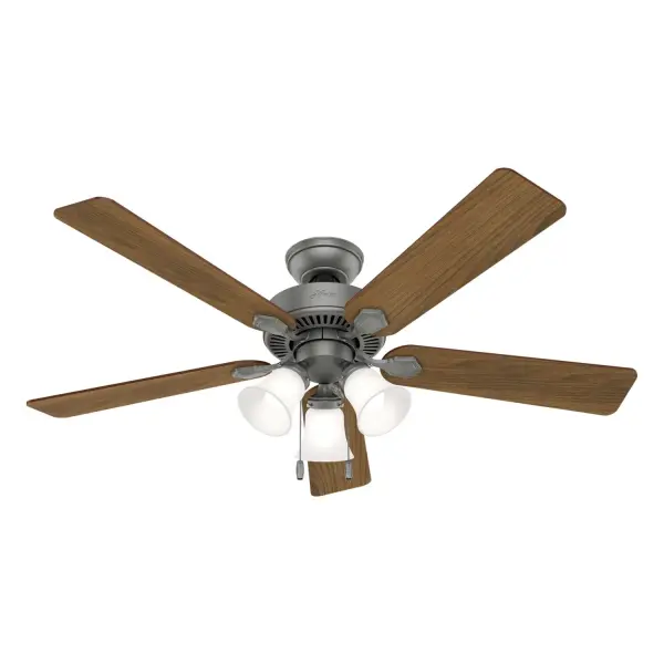 The 52-inch Swanson casual ceiling fan is an ideal fan for large rooms like bedrooms and living rooms. As a part of the Professional Series, the Swanson Collection is available in a variety of sizes, finishes, and light kit combinations. You can add this Hunter ceiling fan to every room in your home knowing it's wobble free, whisper quiet, and long lasting. WhisperWind® whisper-quiet motor. Rated for indoor use only 3 bulbs included Pull chains included WHISPER-QUIET MOTOR: 3-speed, WhisperWind® reversible motor for optimal performance in summer and winter. INDOOR FANS: Great for bedrooms, offices and great rooms. Make sure you get the right size for the best cooling efficiency. LARGE ROOM FAN: Ideal size for spaces like living rooms and bedrooms. STANDARD PROFILE MOUNTING: 2 inch downrod included. 140 YEARS OF QUALITY: Cutting-edge technology, American engineered, and ETL/UL tested for the highest safety standards — All backed by a limited lifetime motor warranty for peace of mind. COMPATIBLE ACCESSORIES: Works with Hunter and Casablanca accessories, not including Hunter Original® accessories. WARRANTY: Limited Lifetime Motor Warranty backed by the only company with over 140 years in the fan business. - alternate view