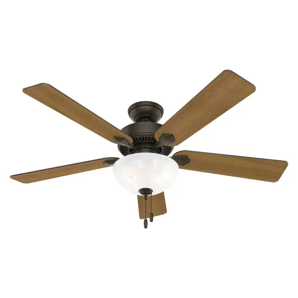 The 52-inch Swanson ceiling fan features easy-to-use pull chains and energy efficient LED light.You can install this Hunter fan to every room in your home knowing it's wobble free, whisper quiet, and long lasting. As a part of the Professional Series, the Swanson Collection is available in a variety of sizes, finishes, and light kit combinations. WhisperWind® whisper-quiet motor. Rated for indoor use only 2 bulbs included Pull chains included WHISPER-QUIET MOTOR: 3-speed, WhisperWind® reversible motor for optimal performance in summer and winter. INDOOR FANS: Great for bedrooms, offices and great rooms. Make sure you get the right size for the best cooling efficiency. LARGE ROOM FAN: Ideal size for spaces like living rooms and bedrooms. STANDARD PROFILE MOUNTING: 2 inch downrod included. 140 YEARS OF QUALITY: Cutting-edge technology, American engineered, and ETL/UL tested for the highest safety standards — All backed by a limited lifetime motor warranty for peace of mind. COMPATIBLE ACCESSORIES: Works with Hunter and Casablanca accessories, not including Hunter Original® accessories. WARRANTY: Limited Lifetime Motor Warranty backed by the only company with over 140 years in the fan business. - alternate view