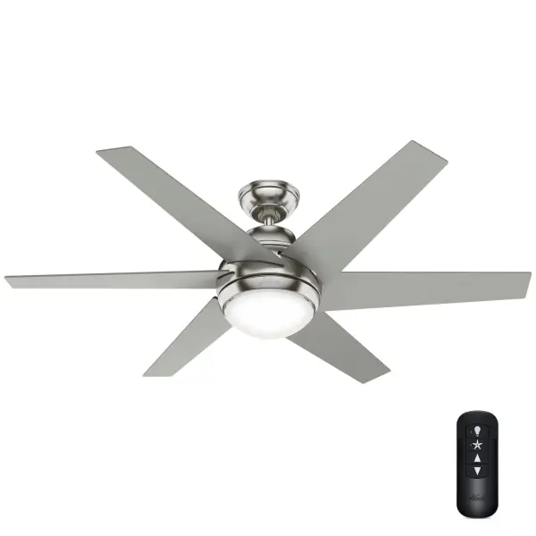 The alignment and shape of the fan blades give the Sotto modern ceiling fan the feeling of perpetual movement, making it a stunning fixture when it's on or off. Built with our SureSpeed® Guarantee, the Sotto provides optimized, high-speed cooling in bedrooms, living rooms, and bonus rooms. Built with our SureSpeed® Guarantee to deliver faster airflow you can feel WhisperWind® whisper-quiet motor. Rated for indoor use only 2 bulbs included AIRFLOW YOU FEEL: Built with our SureSpeed® Guarantee to deliver over 33% higher air velocity than leading competitors* while maintaining quiet, wobble-free performance. WHISPER-QUIET MOTOR: 3-speed, WhisperWind® reversible motor for optimal performance in summer and winter. INDOOR FANS: Great for bedrooms, offices and great rooms. Make sure you get the right size for the best cooling efficiency. EASY CONTROL FUNCTION: Use the control to adjust the fan speed and dim the light. LARGE ROOM FAN: Ideal size for spaces like living rooms and bedrooms. STANDARD PROFILE MOUNTING: 3 inch downrod included. 140 YEARS OF QUALITY: Cutting-edge technology, American engineered, and ETL/UL tested for the highest safety standards — All backed by a limited lifetime motor warranty for peace of mind. COMPATIBLE ACCESSORIES: Works with Hunter and Casablanca accessories, not including Hunter Original® accessories. WARRANTY: Limited Lifetime Motor Warranty backed by the only company with over 140 years in the fan business. *Based on testing conducted January 2023 comparing the average high-speed airflow velocity of Hunter SureSpeed ceiling fans and the best-selling online models for leading competitors. - alternate view