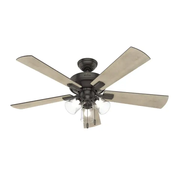 Subtle farmhouse and vintage details are seen throughout the Crestfield rustic ceiling fan. The Crestfield ceiling fan includes snap-on blades for easy installation. Featuring a three-speed motor and energy-efficient LED light bulbs, the Crestfield collection comes in a variety of sizes and finishes to allow you to customize the look of your indoor spaces while maintaining a consistent style throughout your home. WhisperWind® whisper-quiet motor. Rated for indoor use only 3 bulbs included Pull chains included WHISPER-QUIET MOTOR: 3-speed, WhisperWind® reversible motor for optimal performance in summer and winter. INDOOR FANS: Great for bedrooms, offices and great rooms. Make sure you get the right size for the best cooling efficiency. SNAP-ON BLADES: No tools required for blade installation. LARGE ROOM FAN: Ideal size for spaces like living rooms and bedrooms. STANDARD PROFILE MOUNTING: 3 inch downrod included. 140 YEARS OF QUALITY: Cutting-edge technology, American engineered, and ETL/UL tested for the highest safety standards — All backed by a limited lifetime motor warranty for peace of mind. COMPATIBLE ACCESSORIES: Works with Hunter and Casablanca accessories, not including Hunter Original® accessories. WARRANTY: Limited Lifetime Motor Warranty backed by the only company with over 140 years in the fan business.