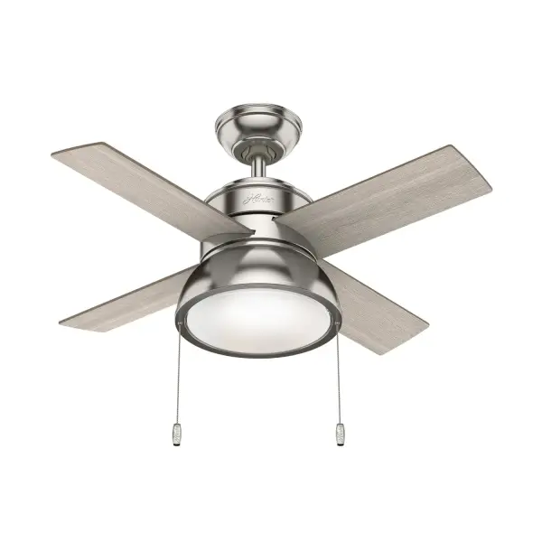 Brighten up small rooms with the Loki ceiling fan. Available in stunning finishes with reversible blade finishes, you can customize the look of this small ceiling fan in your guest bedrooms, home offices, nurseries, and keeping rooms. The included pull chains make it easy to control the LED light and the three fan speeds. Featuring the WhisperWind® motor, you'll get the cooling power you need with whisper-quiet performance you expect. WhisperWind® whisper-quiet motor. Rated for indoor use only 2 bulbs included Pull chains included WHISPER-QUIET MOTOR: 3-speed, WhisperWind® reversible motor for optimal performance in summer and winter. SMALL ROOM FAN: Ideal size for home offices, laundry rooms, and bedrooms. STANDARD PROFILE MOUNTING: 2 inch downrod included. 140 YEARS OF QUALITY: Cutting-edge technology, American engineered, and ETL/UL tested for the highest safety standards — All backed by a limited lifetime motor warranty for peace of mind. COMPATIBLE ACCESSORIES: Works with Hunter and Casablanca accessories, not including Hunter Original® accessories WARRANTY: Limited Lifetime Motor Warranty backed by the only company with over 140 years in the fan business