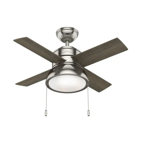 Brighten up small rooms with the Loki ceiling fan. Available in stunning finishes with reversible blade finishes, you can customize the look of this small ceiling fan in your guest bedrooms, home offices, nurseries, and keeping rooms. The included pull chains make it easy to control the LED light and the three fan speeds. Featuring the WhisperWind® motor, you'll get the cooling power you need with whisper-quiet performance you expect. WhisperWind® whisper-quiet motor. Rated for indoor use only 2 bulbs included Pull chains included WHISPER-QUIET MOTOR: 3-speed, WhisperWind® reversible motor for optimal performance in summer and winter. SMALL ROOM FAN: Ideal size for home offices, laundry rooms, and bedrooms. STANDARD PROFILE MOUNTING: 2 inch downrod included. 140 YEARS OF QUALITY: Cutting-edge technology, American engineered, and ETL/UL tested for the highest safety standards — All backed by a limited lifetime motor warranty for peace of mind. COMPATIBLE ACCESSORIES: Works with Hunter and Casablanca accessories, not including Hunter Original® accessories WARRANTY: Limited Lifetime Motor Warranty backed by the only company with over 140 years in the fan business - alternate view