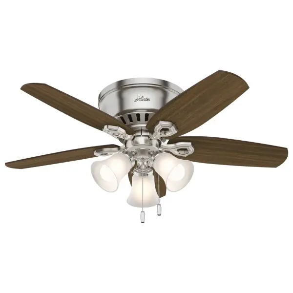 With a 42-inch blade span and low-profile design, the casual, traditional style of the Builder Low Profile will complement small rooms in your home without overpowering them. A mainstay in the Hunter® product line, this low-profile ceiling fan with lights features three-speed WhisperWind® motor technology to deliver quiet and ultra-powerful performance. WhisperWind® whisper-quiet motor. Rated for indoor use only 3 bulbs included Pull chains included WHISPER-QUIET MOTOR: 3-speed, WhisperWind® reversible motor for optimal performance in summer and winter. INDOOR FANS: Great for bedrooms, offices and great rooms. Make sure you get the right size for the best cooling efficiency. SMALL ROOM FAN: Ideal size for home offices, laundry rooms, and bedrooms. LOW PROFILE MOUNTING: Designed to fit flush against ceilings less than 9 feet high. 140 YEARS OF QUALITY: Cutting-edge technology, American engineered, and ETL/UL tested for the highest safety standards — All backed by a limited lifetime motor warranty for peace of mind. COMPATIBLE ACCESSORIES: Works with Hunter and Casablanca accessories, not including Hunter Original® accessories. WARRANTY: Limited Lifetime Motor Warranty backed by the only company with over 140 years in the fan business.