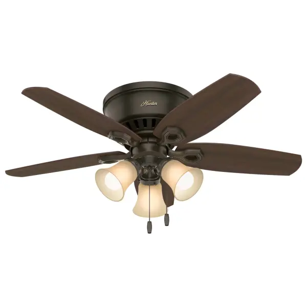 With a 42-inch blade span and low-profile design, the casual, traditional style of the Builder Low Profile will complement small rooms in your home without overpowering them. A mainstay in the Hunter® product line, this low-profile ceiling fan with lights features three-speed WhisperWind® motor technology to deliver quiet and ultra-powerful performance. WhisperWind® whisper-quiet motor. Rated for indoor use only 3 bulbs included Pull chains included WHISPER-QUIET MOTOR: 3-speed, WhisperWind® reversible motor for optimal performance in summer and winter. INDOOR FANS: Great for bedrooms, offices and great rooms. Make sure you get the right size for the best cooling efficiency. SMALL ROOM FAN: Ideal size for home offices, laundry rooms, and bedrooms. LOW PROFILE MOUNTING: Designed to fit flush against ceilings less than 9 feet high. 140 YEARS OF QUALITY: Cutting-edge technology, American engineered, and ETL/UL tested for the highest safety standards — All backed by a limited lifetime motor warranty for peace of mind. COMPATIBLE ACCESSORIES: Works with Hunter and Casablanca accessories, not including Hunter Original® accessories. WARRANTY: Limited Lifetime Motor Warranty backed by the only company with over 140 years in the fan business. - alternate view