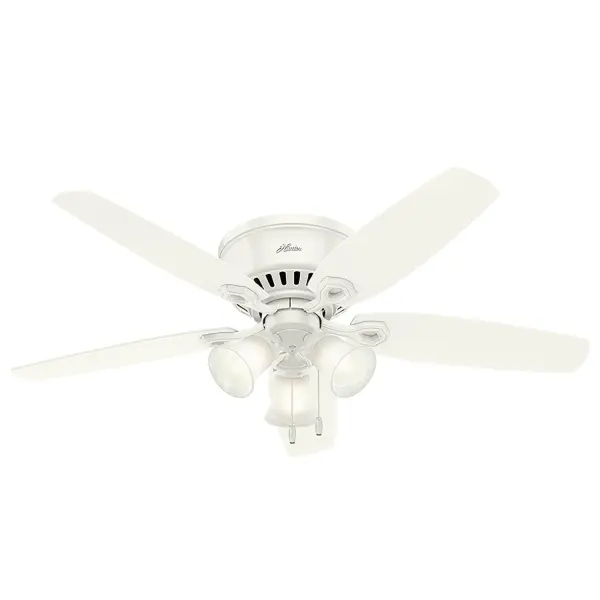 With a 52-inch blade span and low-profile design, the casual, traditional style of the Builder Low Profile will complement large rooms in your home without overpowering them. A mainstay in the Hunter® product line, this low-profile ceiling fan with lights features three-speed WhisperWind® motor technology to deliver quiet and ultra-powerful performance. WhisperWind® whisper-quiet motor. Rated for indoor use only 3 bulbs included Pull chains included WHISPER-QUIET MOTOR: 3-speed, WhisperWind® reversible motor for optimal performance in summer and winter. INDOOR FANS: Great for bedrooms, offices and great rooms. Make sure you get the right size for the best cooling efficiency. LARGE ROOM FAN: Ideal size for spaces like living rooms and bedrooms. LOW PROFILE MOUNTING: Designed to fit flush against ceilings less than 9 feet high. 140 YEARS OF QUALITY: Cutting-edge technology, American engineered, and ETL/UL tested for the highest safety standards — All backed by a limited lifetime motor warranty for peace of mind. COMPATIBLE ACCESSORIES: Works with Hunter and Casablanca accessories, not including Hunter Original® accessories WARRANTY: Limited Lifetime Motor Warranty backed by the only company with over 140 years in the fan business - alternate view