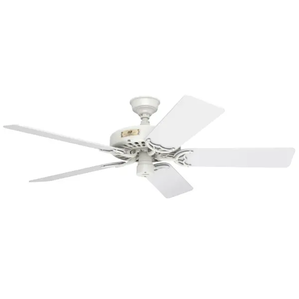 Proudly displayed in homes for decades, the one-of-a-kind Hunter Outdoor Original® White Blades 52-inch ceiling fan continues to deliver superior performance and years of endurance. The powerful motor features a cast-iron housing and a unique oil bath system that continually lubricates bearings, virtually eliminating noise and wear. A timeless addition to any room or covered space exposed to moisture and humidity, this fan is arguably one of our best outdoor ceiling fans. Built with our SureSpeed® Guarantee to deliver faster airflow you can feel 3-speed whisper-quiet motor. Damp-rated for covered outdoor spaces No light kit or bulbs included AIRFLOW YOU FEEL: Built with our SureSpeed® Guarantee to deliver over 33% higher air velocity than leading competitors* while maintaining quiet, wobble-free performance. WHISPER-QUIET MOTOR: 3-speed, Original reversible motor for optimal performance in summer and winter. DAMP-RATED: A great option for covered patios, screened porches, and other areas that are not directly exposed to rain, snow, water, or moisture. DROOP-FREE BLADES: Made from durable materials to ensure no blade drooping LARGE ROOM FAN: Ideal size for spaces like living rooms and bedrooms. STANDARD PROFILE MOUNTING: 2.5 inch downrod included. 140 YEARS OF QUALITY: Cutting-edge technology, American engineered, and ETL/UL tested for the highest safety standards — All backed by a limited lifetime motor warranty for peace of mind. COMPATIBLE ACCESSORIES: Works with the Hunter Original® collection accessories. WARRANTY: Limited Lifetime Motor Warranty backed by the only company with over 140 years in the fan business. *Based on testing conducted January 2023 comparing the average high-speed airflow velocity of Hunter SureSpeed ceiling fans and the best-selling online models for leading competitors. - alternate view