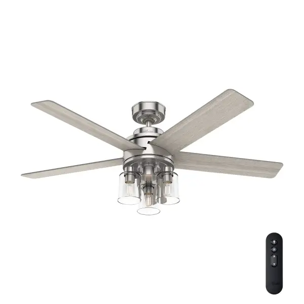 A soft form with powerful performance. Designers blended modern design with rustic elements to give the Agnew ceiling fan with light a transitional look. Built with our SureSpeed Guarantee, it delivers powerful, highs-speed cooling in your living rooms and bedrooms. Built with our SureSpeed® Guarantee to deliver faster airflow you can feel WhisperWind® whisper-quiet motor. Rated for indoor use only 3 bulbs included AIRFLOW YOU FEEL: Built with our SureSpeed® Guarantee to deliver over 33% higher air velocity than leading competitors* while maintaining quiet, wobble-free performance. WHISPER-QUIET MOTOR: 3-speed, WhisperWind® reversible motor for optimal performance in summer and winter. INDOOR FANS: Great for bedrooms, offices and great rooms. Make sure you get the right size for the best cooling efficiency. LIGHT OUTPUT: Provides ambient, warm light. EASY CONTROL FUNCTION: Use the control to adjust the fan speed and dim the light. LARGE ROOM FAN: Ideal size for spaces like living rooms and bedrooms. STANDARD PROFILE MOUNTING: 3 inch downrod included. 140 YEARS OF QUALITY: Cutting-edge technology, American engineered, and ETL/UL tested for the highest safety standards — All backed by a limited lifetime motor warranty for peace of mind. COMPATIBLE ACCESSORIES: Works with Hunter and Casablanca accessories, not including Hunter Original® accessories. WARRANTY: Limited Lifetime Motor Warranty backed by the only company with over 140 years in the fan business. *Based on testing conducted January 2023 comparing the average high-speed airflow velocity of Hunter SureSpeed ceiling fans and the best-selling online models for leading competitors.