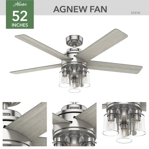 A soft form with powerful performance. Designers blended modern design with rustic elements to give the Agnew ceiling fan with light a transitional look. Built with our SureSpeed Guarantee, it delivers powerful, highs-speed cooling in your living rooms and bedrooms. Built with our SureSpeed® Guarantee to deliver faster airflow you can feel WhisperWind® whisper-quiet motor. Rated for indoor use only 3 bulbs included AIRFLOW YOU FEEL: Built with our SureSpeed® Guarantee to deliver over 33% higher air velocity than leading competitors* while maintaining quiet, wobble-free performance. WHISPER-QUIET MOTOR: 3-speed, WhisperWind® reversible motor for optimal performance in summer and winter. INDOOR FANS: Great for bedrooms, offices and great rooms. Make sure you get the right size for the best cooling efficiency. LIGHT OUTPUT: Provides ambient, warm light. EASY CONTROL FUNCTION: Use the control to adjust the fan speed and dim the light. LARGE ROOM FAN: Ideal size for spaces like living rooms and bedrooms. STANDARD PROFILE MOUNTING: 3 inch downrod included. 140 YEARS OF QUALITY: Cutting-edge technology, American engineered, and ETL/UL tested for the highest safety standards — All backed by a limited lifetime motor warranty for peace of mind. COMPATIBLE ACCESSORIES: Works with Hunter and Casablanca accessories, not including Hunter Original® accessories. WARRANTY: Limited Lifetime Motor Warranty backed by the only company with over 140 years in the fan business. *Based on testing conducted January 2023 comparing the average high-speed airflow velocity of Hunter SureSpeed ceiling fans and the best-selling online models for leading competitors. - alternate view