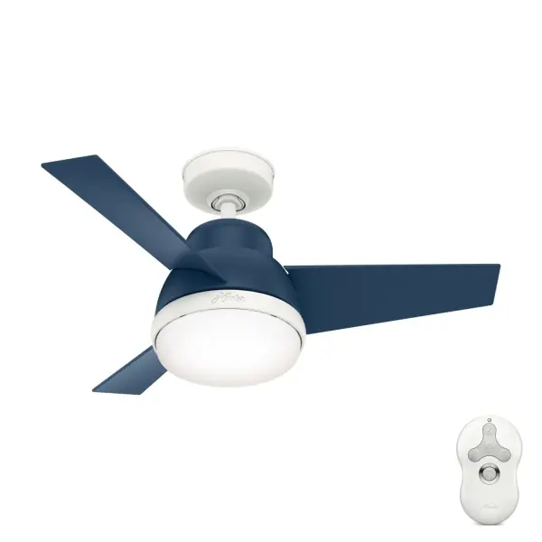 The Valda small room ceiling fan adds a big personality to rooms needing a modern finishing touch. This indoor ceiling fan features plastic blades and a durable, plastic light cover, making it ideal for kid's rooms, home gyms, and game rooms. Add a subtle pop of color to your space with finishes like Indigo Blue and Blush Pink. Built with our SureSpeed® Guarantee to deliver faster airflow you can feel. WhisperWind® whisper-quiet motor. Rated for indoor use only 2 bulbs included AIRFLOW YOU FEEL: Built with our SureSpeed® Guarantee to deliver over 33% higher air velocity than leading competitors* while maintaining quiet, wobble-free performance. WHISPER-QUIET MOTOR: 3-speed, WhisperWind® reversible motor for optimal performance in summer and winter. INDOOR FANS: Great for bedrooms, offices and great rooms. Make sure you get the right size for the best cooling efficiency. EASY CONTROL FUNCTION: Use the control to adjust the fan speed and dim the light. SMALL ROOM FAN: Ideal size for home offices, laundry rooms, and bedrooms. STANDARD PROFILE MOUNTING: 2 inch downrod included. 140 YEARS OF QUALITY: Cutting-edge technology, American engineered, and ETL/UL tested for the highest safety standards — All backed by a limited lifetime motor warranty for peace of mind. COMPATIBLE ACCESSORIES: Works with Hunter and Casablanca accessories, not including Hunter Original® accessories. WARRANTY: Limited Lifetime Motor Warranty backed by the only company with over 140 years in the fan business. *Based on testing conducted January 2023 comparing the average high-speed airflow velocity of Hunter SureSpeed ceiling fans and the best-selling online models for leading competitors.
