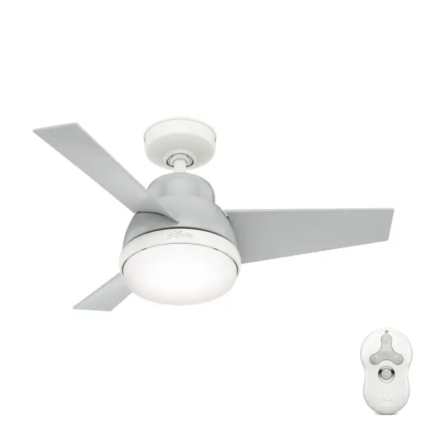 The Valda small room ceiling fan adds a big personality to rooms needing a modern finishing touch. This indoor ceiling fan features plastic blades and a durable, plastic light cover, making it ideal for kid's rooms, home gyms, and game rooms. Add a subtle pop of color to your space with finishes like Indigo Blue and Blush Pink. Built with our SureSpeed® Guarantee to deliver faster airflow you can feel. WhisperWind® whisper-quiet motor. Rated for indoor use only 2 bulbs included AIRFLOW YOU FEEL: Built with our SureSpeed® Guarantee to deliver over 33% higher air velocity than leading competitors* while maintaining quiet, wobble-free performance. WHISPER-QUIET MOTOR: 3-speed, WhisperWind® reversible motor for optimal performance in summer and winter. INDOOR FANS: Great for bedrooms, offices and great rooms. Make sure you get the right size for the best cooling efficiency. EASY CONTROL FUNCTION: Use the control to adjust the fan speed and dim the light. SMALL ROOM FAN: Ideal size for home offices, laundry rooms, and bedrooms. STANDARD PROFILE MOUNTING: 2 inch downrod included. 140 YEARS OF QUALITY: Cutting-edge technology, American engineered, and ETL/UL tested for the highest safety standards — All backed by a limited lifetime motor warranty for peace of mind. COMPATIBLE ACCESSORIES: Works with Hunter and Casablanca accessories, not including Hunter Original® accessories. WARRANTY: Limited Lifetime Motor Warranty backed by the only company with over 140 years in the fan business. *Based on testing conducted January 2023 comparing the average high-speed airflow velocity of Hunter SureSpeed ceiling fans and the best-selling online models for leading competitors. - alternate view