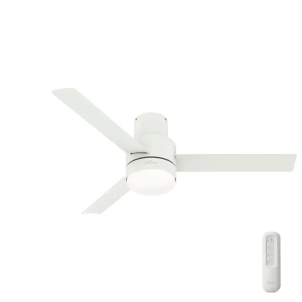The simple design and clean lines of the Gilmour outdoor ceiling fan complement your casual, modern covered porches and patios. The Matte White finish adds a bright, clean look while the Flat Matte Black finish adds a bold one. This large ceiling fan fits close to the ceiling to provide optimal performance in rooms with low ceilings without sacrificing style or head room. Built with our SureSpeed® Guarantee to deliver faster airflow you can feel WhisperWind® whisper-quiet motor. Damp-rated for covered outdoor spaces 2 bulbs included AIRFLOW YOU FEEL: Built with our SureSpeed® Guarantee to deliver over 33% higher air velocity than leading competitors* while maintaining quiet, wobble-free performance. WHISPER-QUIET MOTOR: 4-speed, WhisperWind® reversible motor for optimal performance in summer and winter. DAMP-RATED: A great option for covered patios, screened porches, and other areas that are not directly exposed to rain, snow, water, or moisture. EASY CONTROL FUNCTION: Use the control to adjust the fan speed and dim the light. LARGE ROOM FAN: Ideal size for spaces like living rooms and bedrooms. LOW PROFILE MOUNTING: Designed to fit flush against ceilings less than 9 feet high. 140 YEARS OF QUALITY: Cutting-edge technology, American engineered, and ETL/UL tested for the highest safety standards — All backed by a limited lifetime motor warranty for peace of mind. COMPATIBLE ACCESSORIES: Works with Hunter and Casablanca accessories, not including Hunter Original® accessories. WARRANTY: Limited Lifetime Motor Warranty backed by the only company with over 140 years in the fan business *Based on testing conducted January 2023 comparing the average high-speed airflow velocity of Hunter SureSpeed ceiling fans and the best-selling online models for leading competitors.