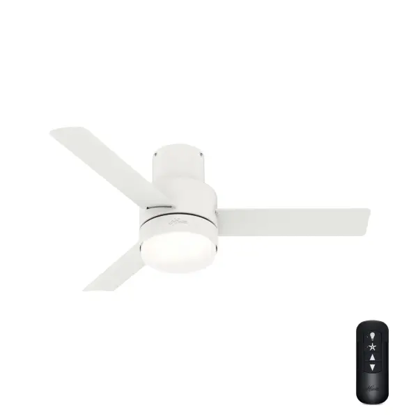 The Gilmour outdoor ceiling fan features a simple design and clean lines to complement your casual, modern covered porches and patios. The Matte White finish adds a bright, clean look while the Flat Matte Black finish adds a bold one. Use this fan indoors too! This small ceiling fan fits close to the ceiling to provide optimal performance in rooms with low ceilings without sacrificing style or headroom. Built with our SureSpeed® Guarantee to deliver faster airflow you can feel WhisperWind® whisper-quiet motor. Damp-rated for covered outdoor spaces 2 bulbs included AIRFLOW YOU FEEL: Built with our SureSpeed® Guarantee to deliver over 33% higher air velocity than leading competitors* while maintaining quiet, wobble-free performance. WHISPER-QUIET MOTOR: 3-speed, WhisperWind® reversible motor for optimal performance in summer and winter. DAMP-RATED: A great option for covered patios, screened porches, and other areas that are not directly exposed to rain, snow, water, or moisture. DROOP-FREE BLADES: Made from durable materials to ensure no blade drooping. EASY CONTROL FUNCTION: Use the control to adjust the fan speed and dim the light. SMALL ROOM FAN: Ideal size for home offices, laundry rooms, and bedrooms. LOW PROFILE MOUNTING: Designed to fit flush against ceilings less than 9 feet high. 140 YEARS OF QUALITY: Cutting-edge technology, American engineered, and ETL/UL tested for the highest safety standards — All backed by a limited lifetime motor warranty for peace of mind. COMPATIBLE ACCESSORIES: Works with Hunter and Casablanca accessories, not including Hunter Original® accessories WARRANTY: Limited Lifetime Motor Warranty backed by the only company with over 140 years in the fan business. *Based on testing conducted January 2023 comparing the average high-speed airflow velocity of Hunter SureSpeed ceiling fans and the best-selling online models for leading competitors.