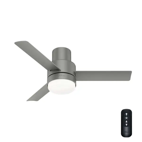 The Gilmour outdoor ceiling fan features a simple design and clean lines to complement your casual, modern covered porches and patios. The Matte White finish adds a bright, clean look while the Flat Matte Black finish adds a bold one. Use this fan indoors too! This small ceiling fan fits close to the ceiling to provide optimal performance in rooms with low ceilings without sacrificing style or headroom. Built with our SureSpeed® Guarantee to deliver faster airflow you can feel WhisperWind® whisper-quiet motor. Damp-rated for covered outdoor spaces 2 bulbs included AIRFLOW YOU FEEL: Built with our SureSpeed® Guarantee to deliver over 33% higher air velocity than leading competitors* while maintaining quiet, wobble-free performance. WHISPER-QUIET MOTOR: 3-speed, WhisperWind® reversible motor for optimal performance in summer and winter. DAMP-RATED: A great option for covered patios, screened porches, and other areas that are not directly exposed to rain, snow, water, or moisture. DROOP-FREE BLADES: Made from durable materials to ensure no blade drooping. EASY CONTROL FUNCTION: Use the control to adjust the fan speed and dim the light. SMALL ROOM FAN: Ideal size for home offices, laundry rooms, and bedrooms. LOW PROFILE MOUNTING: Designed to fit flush against ceilings less than 9 feet high. 140 YEARS OF QUALITY: Cutting-edge technology, American engineered, and ETL/UL tested for the highest safety standards — All backed by a limited lifetime motor warranty for peace of mind. COMPATIBLE ACCESSORIES: Works with Hunter and Casablanca accessories, not including Hunter Original® accessories WARRANTY: Limited Lifetime Motor Warranty backed by the only company with over 140 years in the fan business. *Based on testing conducted January 2023 comparing the average high-speed airflow velocity of Hunter SureSpeed ceiling fans and the best-selling online models for leading competitors. - alternate view