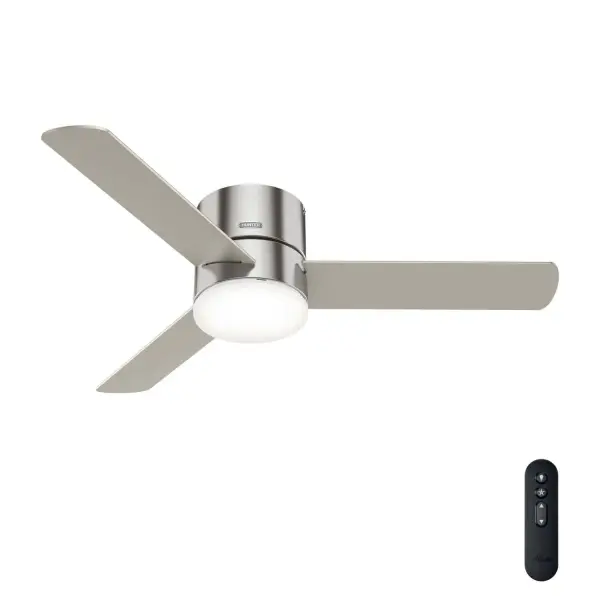 The Minimus ceiling fan's minimalist design makes it the perfect fit in your modern and transitional spaces. Designed to fit flush in rooms with low ceilings, this ultra-low-profile ceiling fan is perfect for small rooms with low ceiling heights. The Minimus ceiling fan boasts a three-speed WhisperWind® motor to deliver powerful, efficient airflow. You can easily control the dimmable, energy-efficient LED light and fan speeds with the included handheld remote. WhisperWind® whisper-quiet motor. Rated for indoor use only 1 bulb included Handheld remote included WHISPER-QUIET MOTOR: 3-speed, WhisperWind® reversible motor for optimal performance in summer and winter. INDOOR FANS: Great for bedrooms, offices and great rooms. Make sure you get the right size for the best cooling efficiency. LIGHT OUTPUT: Provides bright, white light. EASY CONTROL FUNCTION: Use the control to adjust the fan speed and dim the light. LARGE ROOM FAN: Ideal size for spaces like living rooms and bedrooms. LOW PROFILE MOUNTING: Designed to fit flush against ceilings less than 9 feet high. 140 YEARS OF QUALITY: Cutting-edge technology, American engineered, and ETL/UL tested for the highest safety standards — All backed by a limited lifetime motor warranty for peace of mind. COMPATIBLE ACCESSORIES: Works with Hunter and Casablanca accessories, not including Hunter Original® accessories WARRANTY: Limited Lifetime Motor Warranty backed by the only company with over 140 years in the fan business.