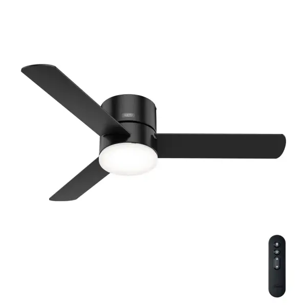 The Minimus ceiling fan's minimalist design makes it the perfect fit in your modern and transitional spaces. Designed to fit flush in rooms with low ceilings, this ultra-low-profile ceiling fan is perfect for small rooms with low ceiling heights. The Minimus ceiling fan boasts a three-speed WhisperWind® motor to deliver powerful, efficient airflow. You can easily control the dimmable, energy-efficient LED light and fan speeds with the included handheld remote. WhisperWind® whisper-quiet motor. Rated for indoor use only 1 bulb included Handheld remote included WHISPER-QUIET MOTOR: 3-speed, WhisperWind® reversible motor for optimal performance in summer and winter. INDOOR FANS: Great for bedrooms, offices and great rooms. Make sure you get the right size for the best cooling efficiency. LIGHT OUTPUT: Provides bright, white light. EASY CONTROL FUNCTION: Use the control to adjust the fan speed and dim the light. LARGE ROOM FAN: Ideal size for spaces like living rooms and bedrooms. LOW PROFILE MOUNTING: Designed to fit flush against ceilings less than 9 feet high. 140 YEARS OF QUALITY: Cutting-edge technology, American engineered, and ETL/UL tested for the highest safety standards — All backed by a limited lifetime motor warranty for peace of mind. COMPATIBLE ACCESSORIES: Works with Hunter and Casablanca accessories, not including Hunter Original® accessories WARRANTY: Limited Lifetime Motor Warranty backed by the only company with over 140 years in the fan business. - alternate view