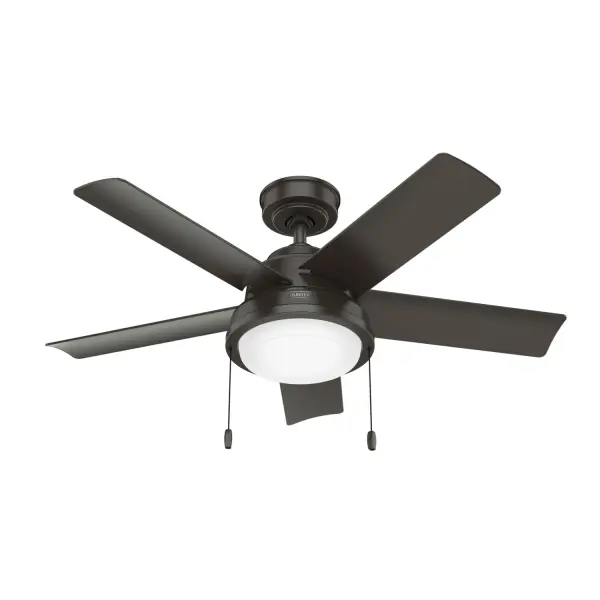 Our Seawall ceiling fan is the perfect accent for your covered patio, gazebo, or porch. Outfitted with LED lighting and a pull chain, this wet-rated ceiling fan is built with moisture-resistant motors and durable blades, making it tough enough to withstand direct exposure to rain, snow, or ice. Lend an air of casual elegance to any transitional space with the Seawall fan. WeatherMax® coastal-rated fans ensure corrosion resistance in harsh, outdoor weather. Built with our SureSpeed® Guarantee to deliver faster airflow you can feel. WhisperWind® whisper-quiet motor. 2 bulbs included CORROSION-RESISTANT: Engineered for the Elements®, WeatherMax® outdoor ceiling fans resist corrosion from water and salt air, backed by a 3-year finish warranty. WHISPER-QUIET MOTOR: 3-speed, WhisperWind® reversible motor for optimal performance in summer and winter. DROOP-FREE BLADES: Made from durable materials to ensure no blade drooping. SMALL ROOM FAN: Ideal size for home offices, laundry rooms, and bedrooms. STANDARD PROFILE MOUNTING: 4 inch downrod included. 140 YEARS OF QUALITY: Cutting-edge technology, American engineered, and ETL/UL tested for the highest safety standards — All backed by a limited lifetime motor warranty for peace of mind. COMPATIBLE ACCESSORIES: Works with Hunter and Casablanca accessories, not including Hunter Original® accessories. WARRANTY: Limited Lifetime Motor Warranty backed by the only company with over 140 years in the fan business. *Based on testing conducted January 2023 comparing the average high-speed airflow velocity of Hunter SureSpeed ceiling fans and the best-selling online models for leading competitors. - alternate view