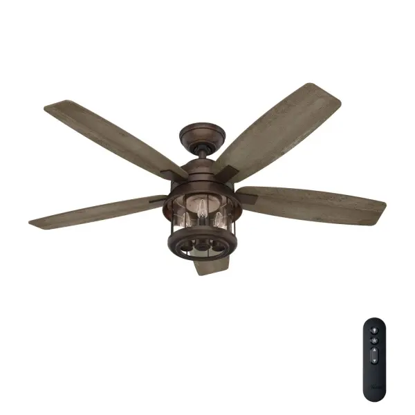 The Coral Bay combines farmhouse charm with modern functionality. Its lantern-style light fixture with seeded glass and vintage LED Edison bulbs creates warm ambiance, while the 52" blade span delivers powerful airflow. Damp-rated for versatility.